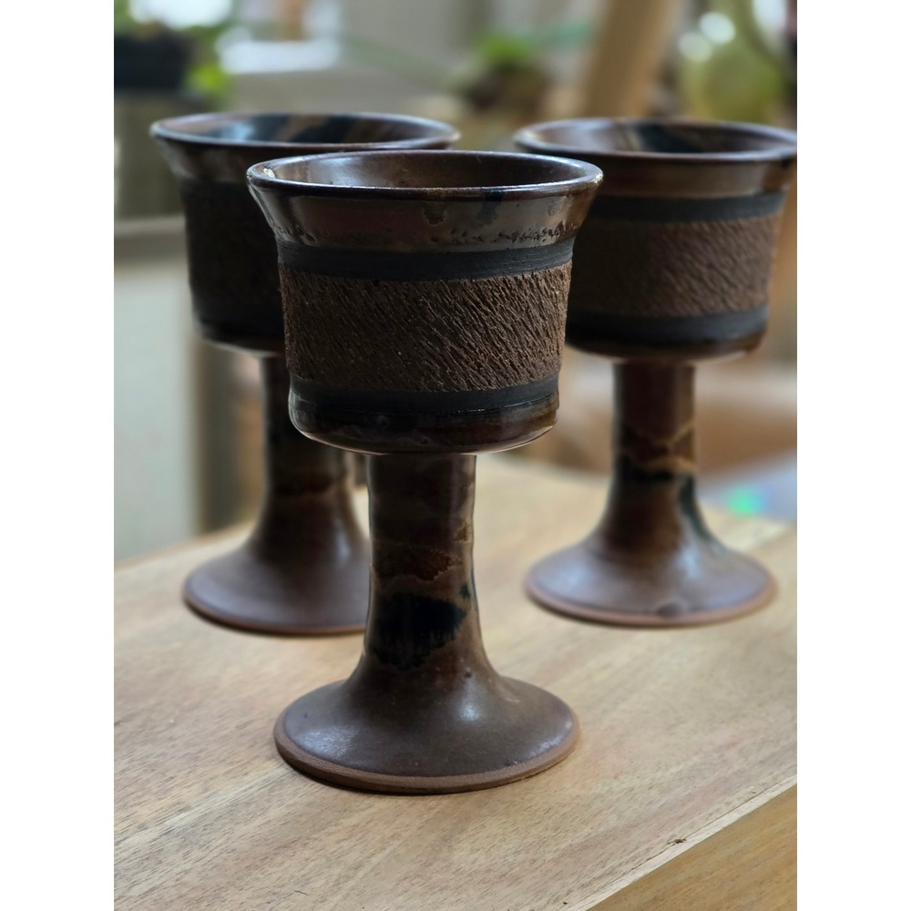 Vintage Studio Pottery Goblets Set of 3 Brown Stoneware Chalice Textured Glaze